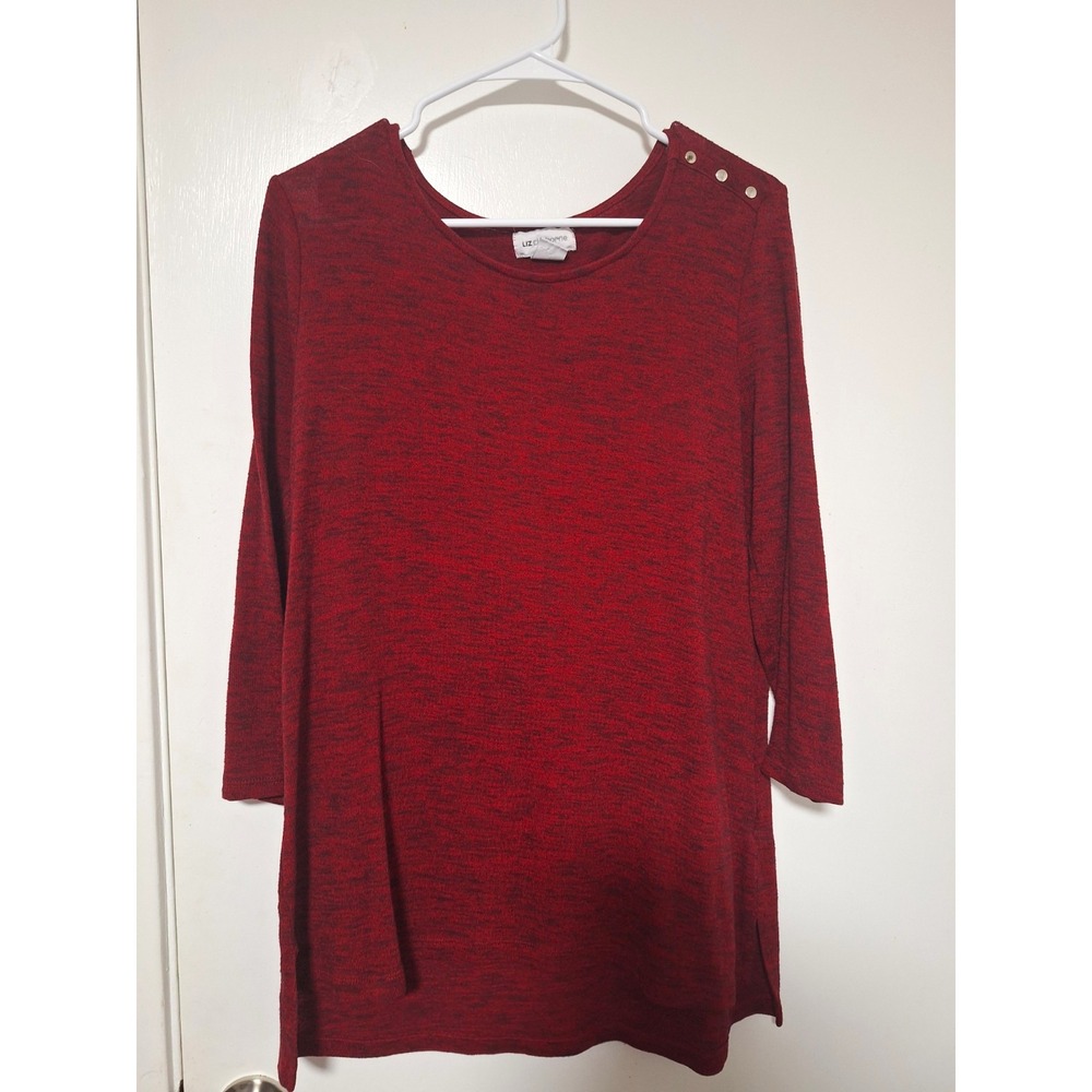 Liz Claiborne Tunic Top Womens Size Large L Red Heathered Knit 3/4 Sleeve Button